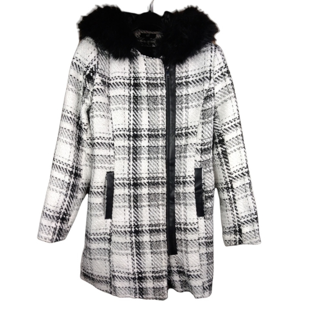 Iz Byer Hooded Quilted Tweed Faux Fur Vegan Leather Trim Outerwear Coat - Large